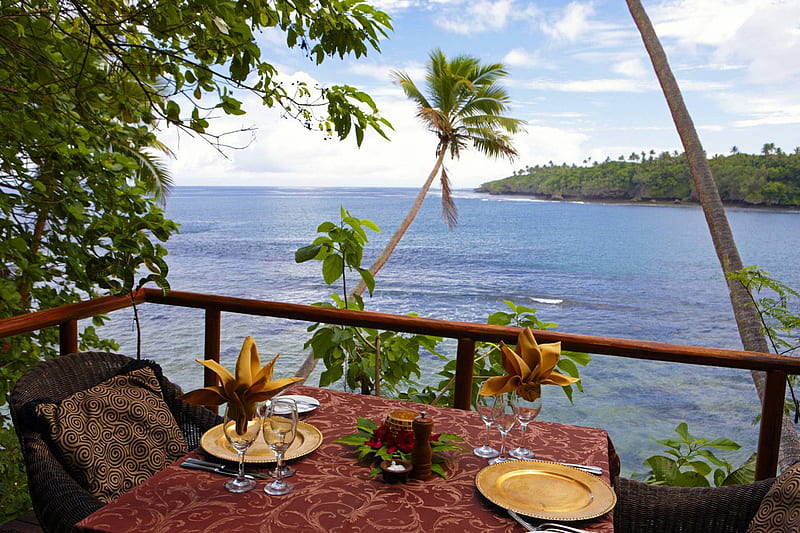 Table for Two with Beautiful Sea View, polynesia, dinner, bonito, sea, lunch, south pacific, exotic, islands, romantic, view, ocean, breakfast, table for two, paradise, dine, island, tropical, HD wallpaper