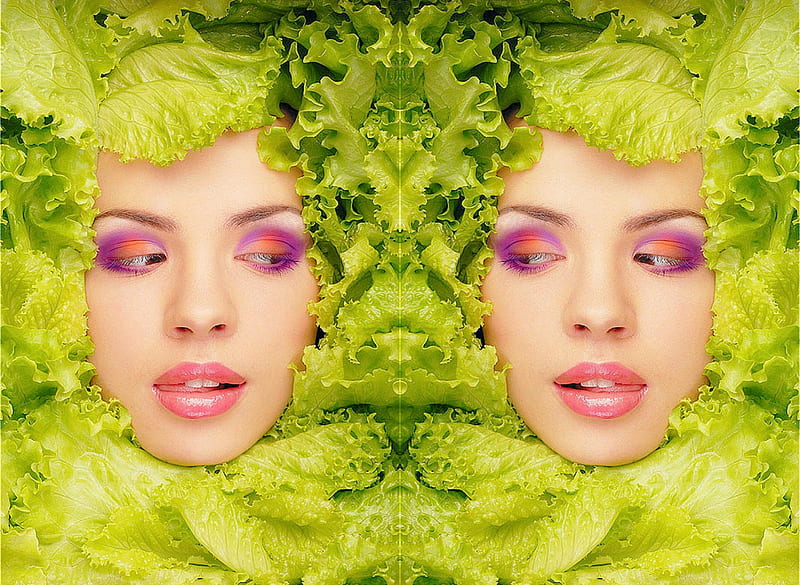 Green Veges, face, model, woman, vegetables, HD wallpaper