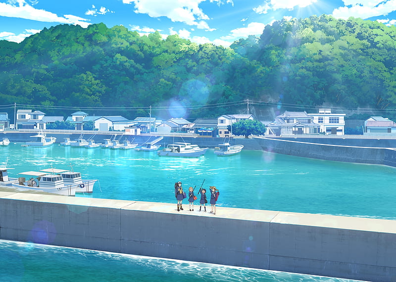 houkago teibou nisshi, sea, anime girls, fishing, scenery, friends, Anime, HD wallpaper