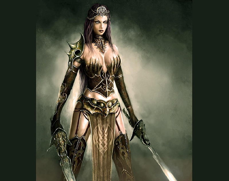 Female Warrior, warrior, fantasy, swords, woman, HD wallpaper