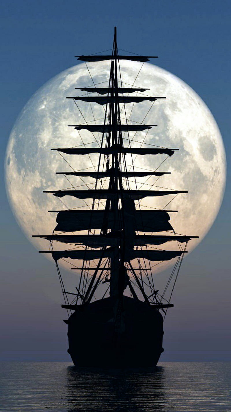 Ship and Moon, moon, ocean, oceans, pirate, sail, sails, ship, silhouette, HD phone wallpaper