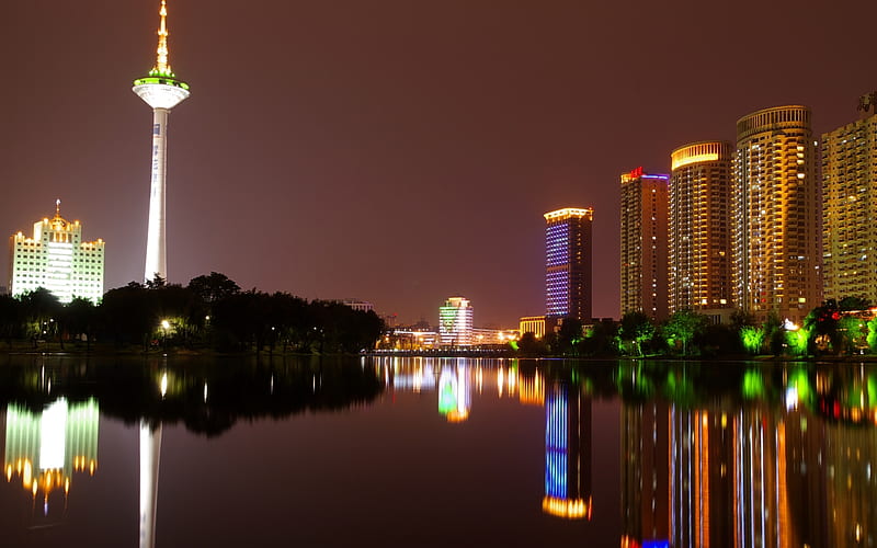 Evening in Shenyang, architecture, skyline, river, bonito, reflection, lights, night, HD wallpaper