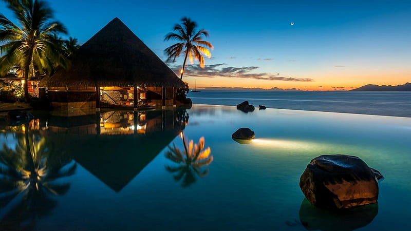 Infinite Pool, resort, swimming pool, bonito, sunset, palm trees, sea, beach, French Polynesia, moon, paradise, yatch, summer, blue sky, reflection, tropical, HD wallpaper