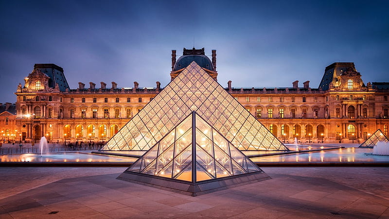 glass pyramids at the louvre museum in paris, modern, museum, pyramisd, evening, lights, HD wallpaper