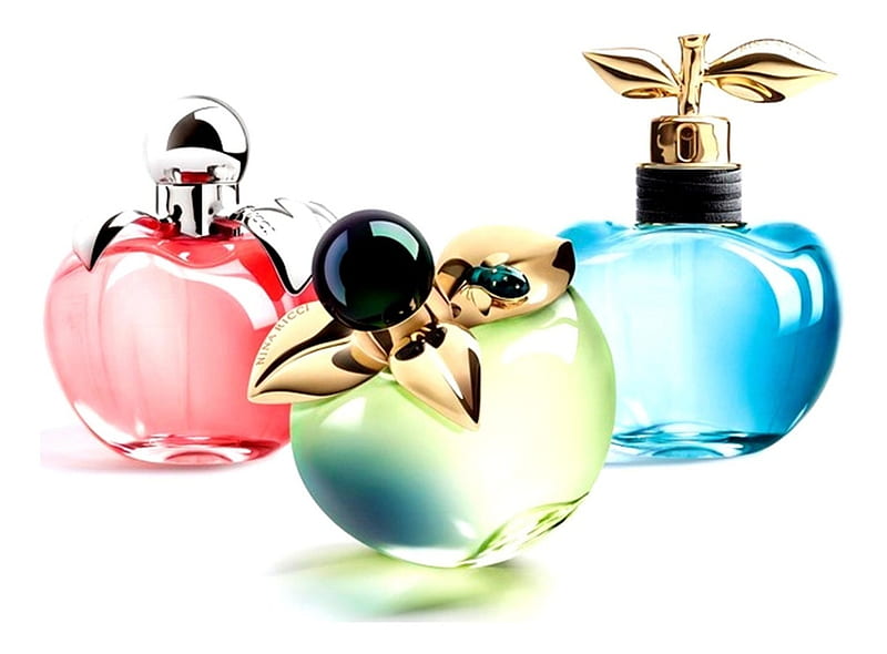 :), blue, white, green, red, nina ricci, perfume, greeb, bottle, HD wallpaper