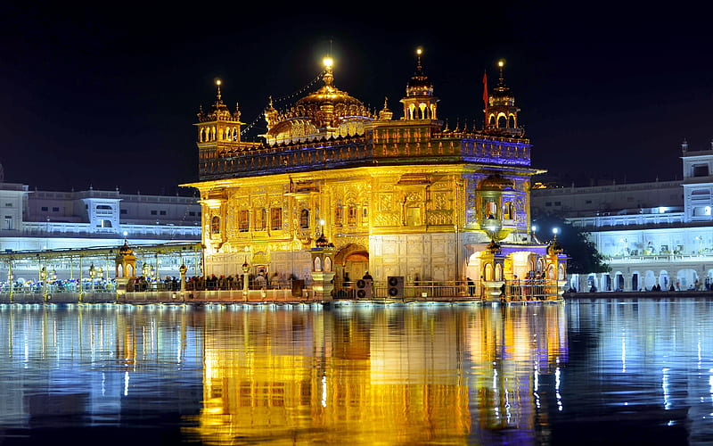 Golden Temple nightscapes, indian landmarks, Harmandir Sahib, Katra Ahluwalia, Amritsar, Punjab, India, Asia, Golden Temple at night, HD wallpaper