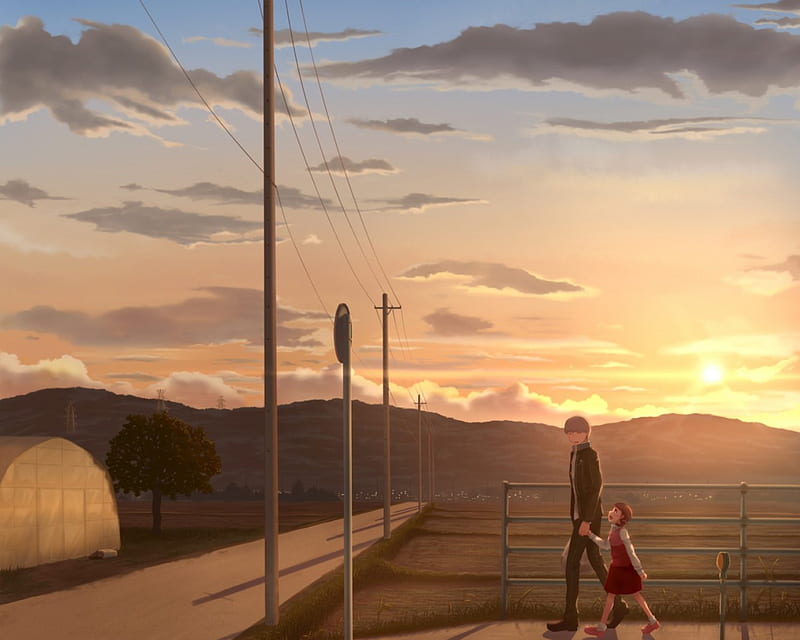 Evening Walk, Setting Sun, Anime, Nanako, Evening, Persona 4, person, Yu, HD wallpaper