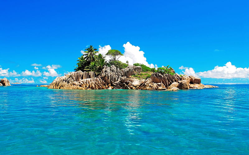 Saint Pierre Island, Seychelles, rocks, turquoise waters, bonito, clouds, islet, coconut palms, sea, beach, paradise, granite, HD wallpaper