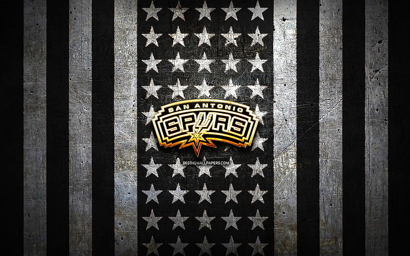 San Antonio Spurs flag, NBA, black white metal background, american basketball club, San Antonio Spurs logo, USA, basketball, golden logo, San Antonio Spurs, HD wallpaper