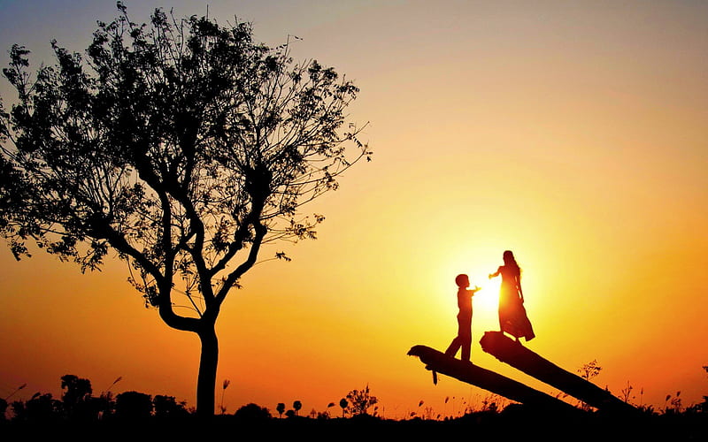 LOVE in SILHOUTTE, tree, love, sunset, silhouette, couple, HD wallpaper