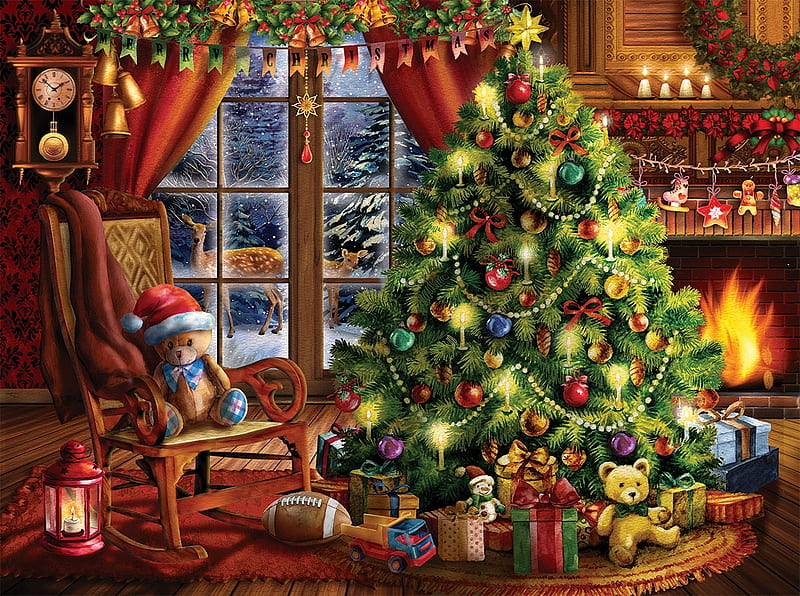 Christmas, art, tree, craciun, toy, painting, teddy bear, pictura, room, HD wallpaper