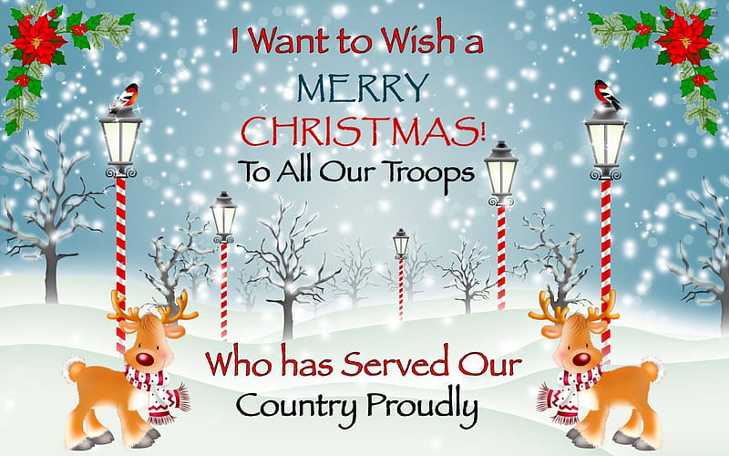 Merry Christmas to Our Military, Soldiers, christmas, holiday, Troops, digital art, deer, winter, thank you, light posts, snow, military, dom, HD wallpaper