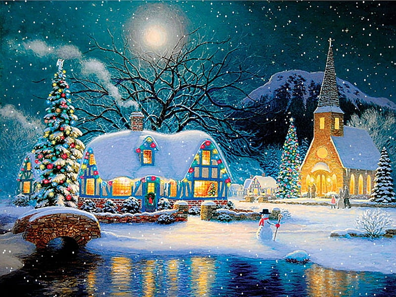 Christmas Eve Night, moon, tree, christmas, snow, river, snowman, church, winter, HD wallpaper
