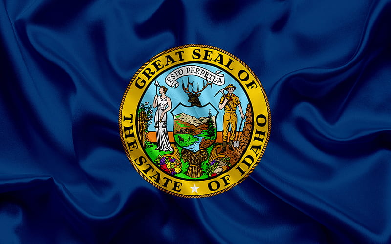 Idaho Flag, flags of States, flag State of Idaho, USA, state Idaho, blue silk flag, Idaho coat of arms, HD wallpaper