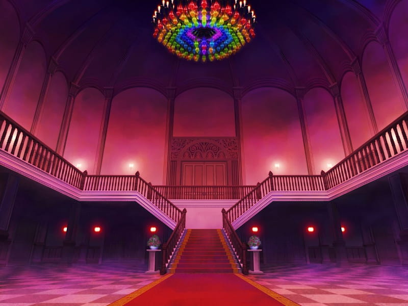 BallRoom, pretty, house, glow, scenic, chandelier, hall, sparks, bonito, sweet, staircase, nice, stair, anime, beauty, room, scenery, light, lovely, scene, HD wallpaper