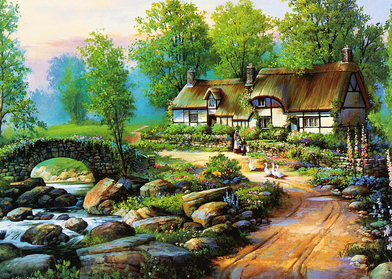 Cottage, colorful, house, splendid, colors, bonito, trees, farm, water, bridge, nature, fields, river, way, landscape, HD wallpaper