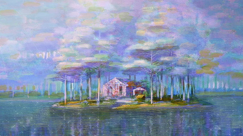 :), art, water, tree, iblard jikan, fantasy, house, pink, blue, HD wallpaper