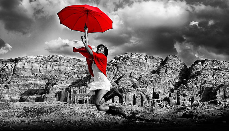 Time to take off, umbrella, red, fly, woman, HD wallpaper