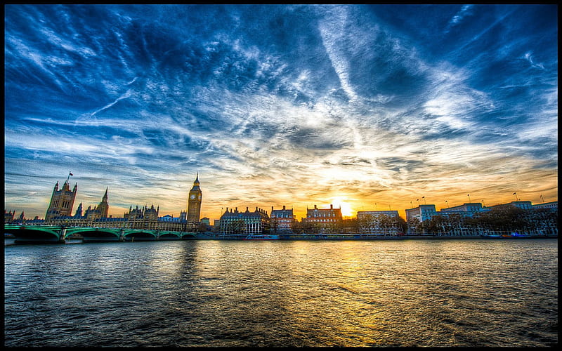 sunset over the thames river in london r, city, bridge, river, r, sunset, HD wallpaper