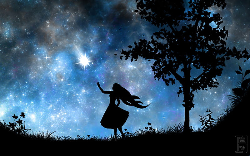 To catch a shooting star, black, silhouette, blue, star, vector, luminos, iduna haya, sky, fantasy, tree, girl, HD wallpaper