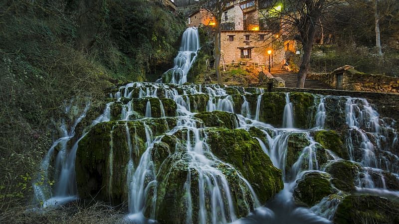 Burgos, Orbaneja del Castillo, Spain, river, falls, cascades, trees, rocks, forest, HD wallpaper