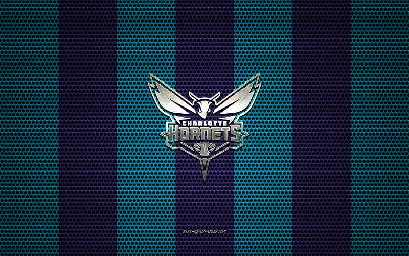 Charlotte Hornets logo, American basketball club, metal emblem, purple-blue metal mesh background, Charlotte Hornets, NBA, Charlotte, North Carolina, USA, basketball, HD wallpaper