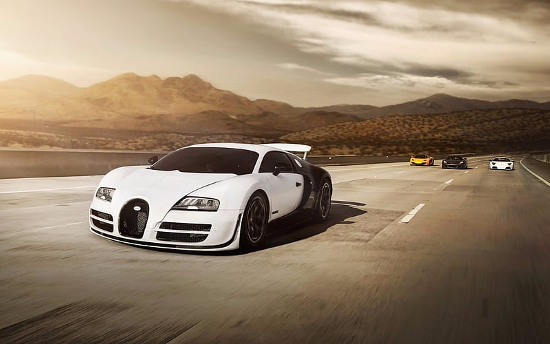 hypercars, Bugatti Veyron, road, supercars, white Veyron, movement, Bugatti, HD wallpaper