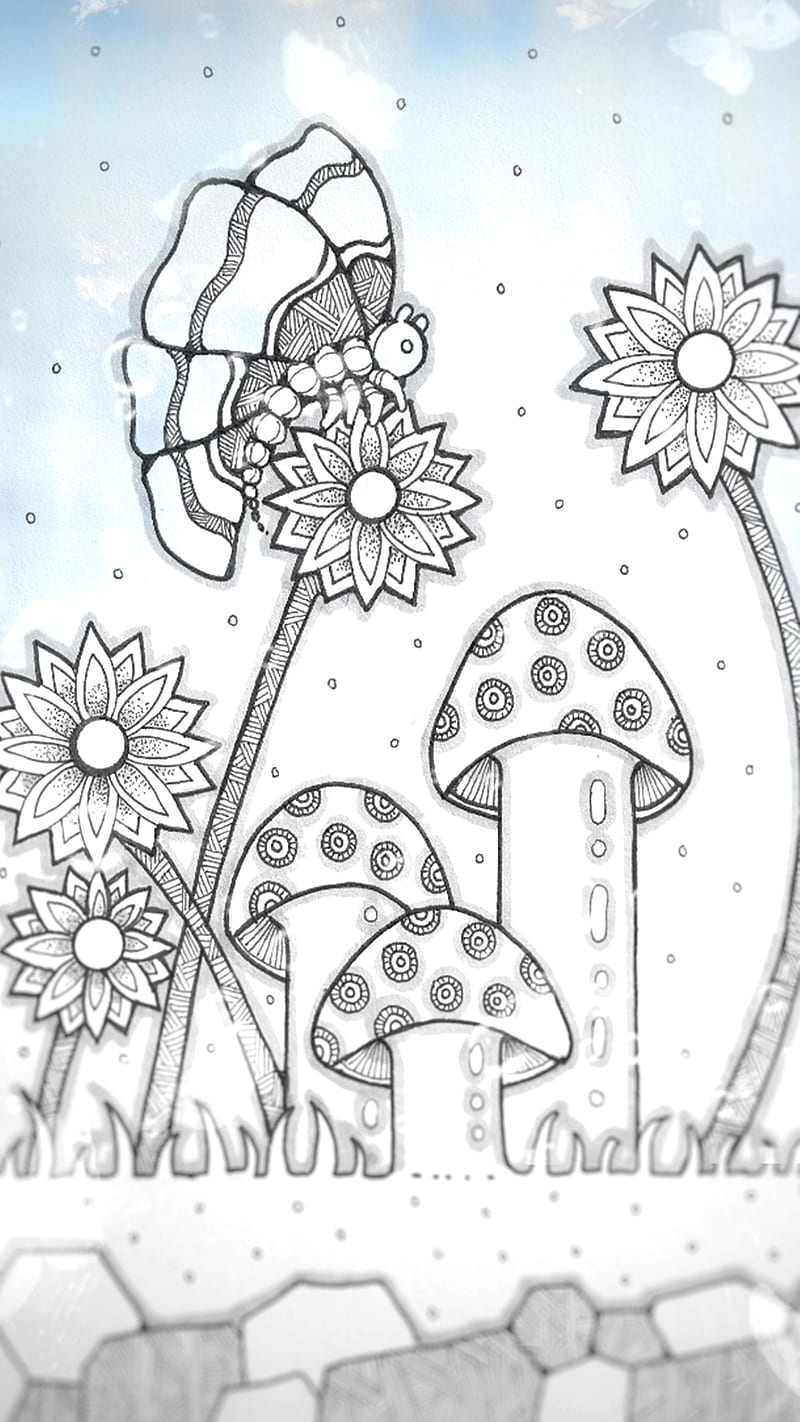 13.Doodle, AMG, art, artwork, butterfly, doodle, draw, mushrooms, sketch, HD phone wallpaper
