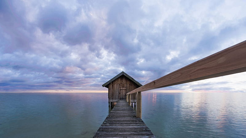 Boathouse, Water, Sunrise, Clouds, HD wallpaper