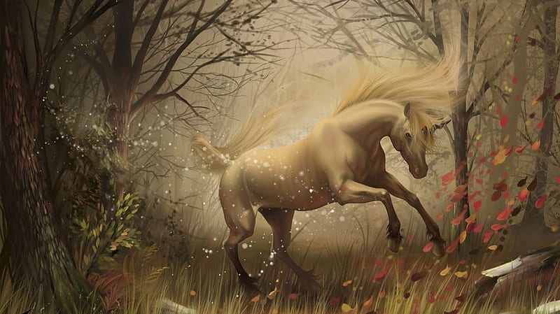In the deep forest, painting, horse, digital art, animals, HD wallpaper
