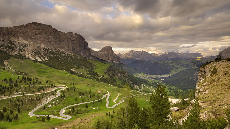 a serpentine valley road, serpentine, grass, mountains, village, road, valley, HD wallpaper
