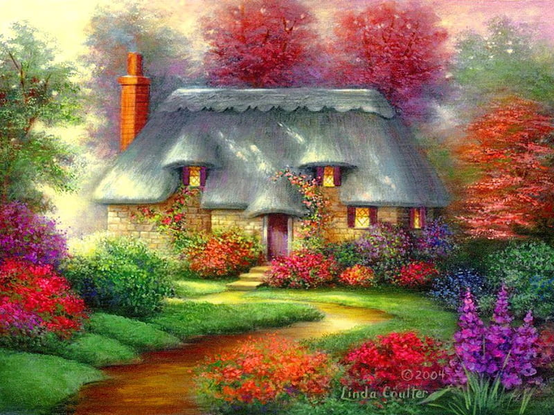 Romantic cottage, colorful, art, house, romantic, grass, cottage, greenery, spring, fairytale, villa, trees, paradise, painting, summer, flowers, path, HD wallpaper