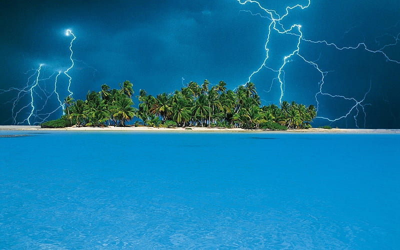 Lightning over a Tropical Island, islands, sky, clouds, storm, sea ...