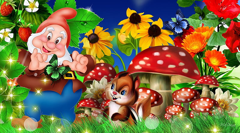 Garden Friends, toadstools, squirrel, elf, gnome, butterflies, spring, cute, s garden, whimsical, sunflowers, bright, summer, flowers, strawberries, mushrooms, sun flowers, HD wallpaper