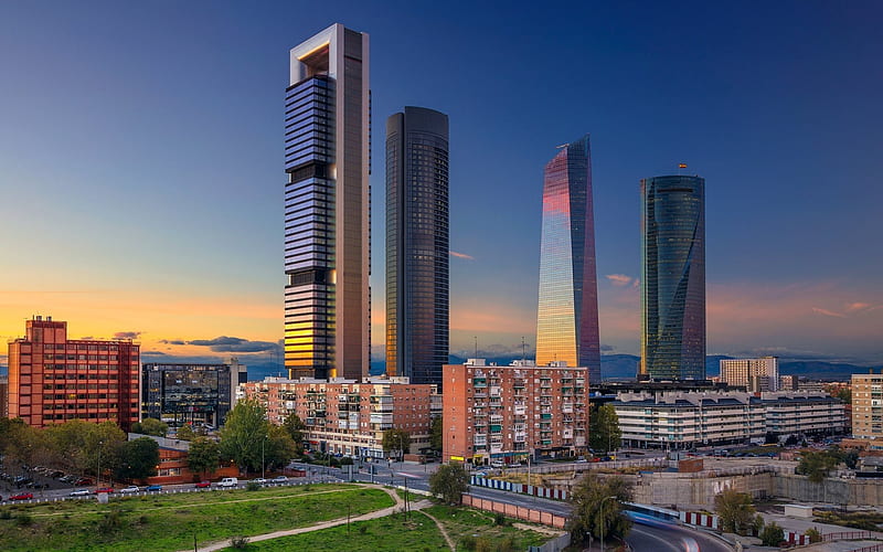 Evening, Madrid, skyscrapers, Spain, HD wallpaper