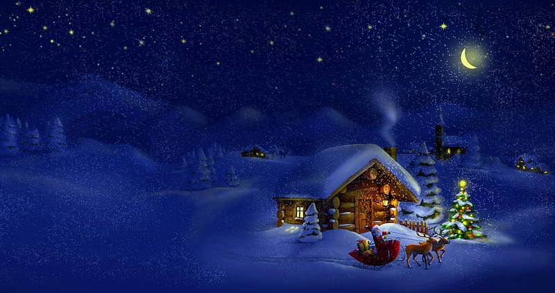 Christmas fantasy, stars, house, cottage, christmas, magic, trees, winter, tree, santa, fantasy, moon, snow, evening, night, HD wallpaper