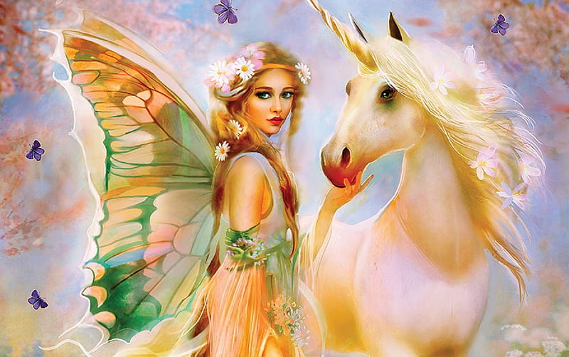 fairy and unicorm, pretty, art, wings, unicorn, woman, fairie, fantasy, girl, digital, HD wallpaper