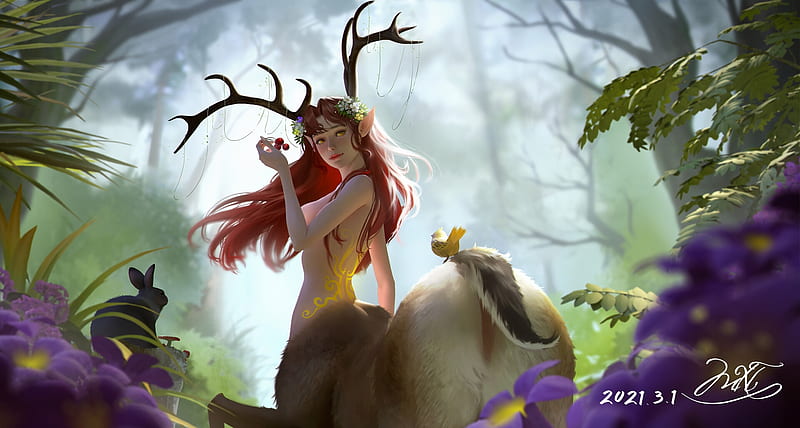 Lillia, ying lee, centaur, art, forest, frumusete, luminos, redhead, cute, fantasy, girl, HD wallpaper