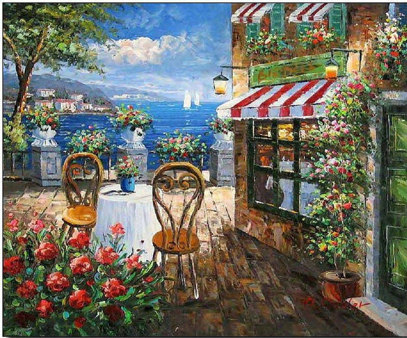 lovely caffe terrace, painting, caffe, terrace, table for two, italy, HD wallpaper