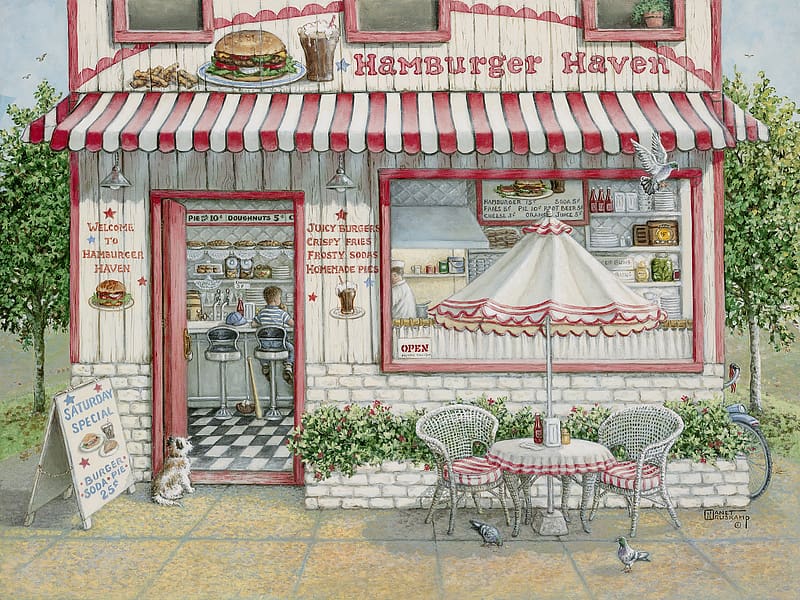 Hamburger Haven, pictura, red, umbrella, white, janet kruskamp, art, painting, HD wallpaper