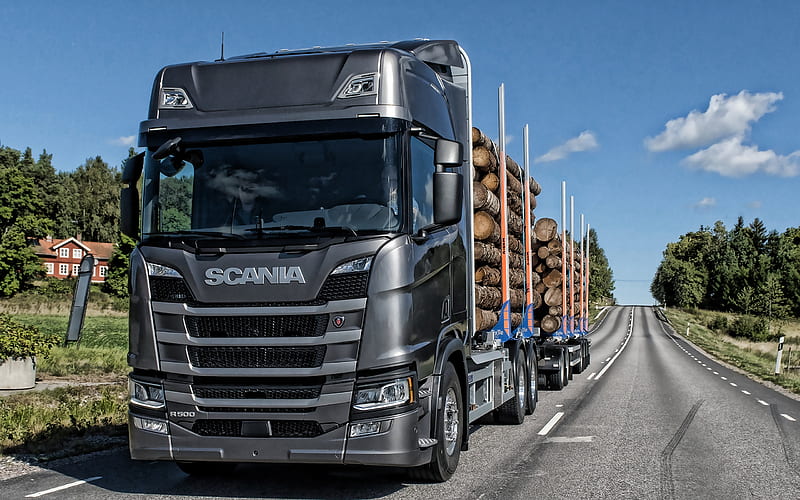 Scania R500, 2019, timber carrier, new gray R500, timber transport, new trucks, Scania, HD wallpaper