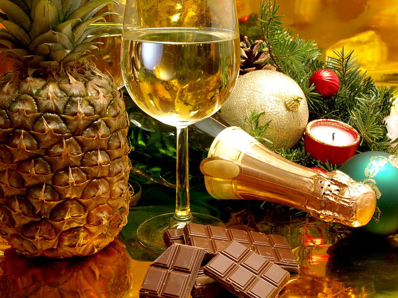 WEEKEND CHEERS!, Glasses, Pineapple, holidays, bottle, chocolate, Champagne, HD wallpaper