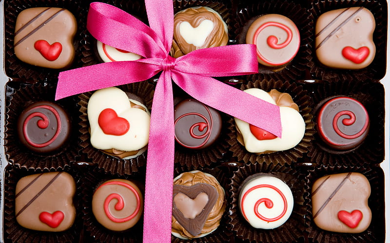 chocolate sweets, gift, Valentines Day, pink silk bow, sweets, romance, HD wallpaper