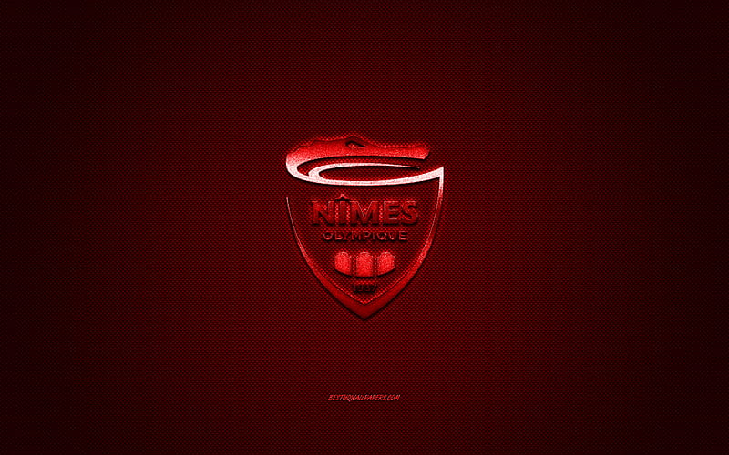 Nimes Olympique, French football club, Ligue 1, Red logo, Red carbon fiber background, football, Nimes, France, Nimes Olympique logo, HD wallpaper