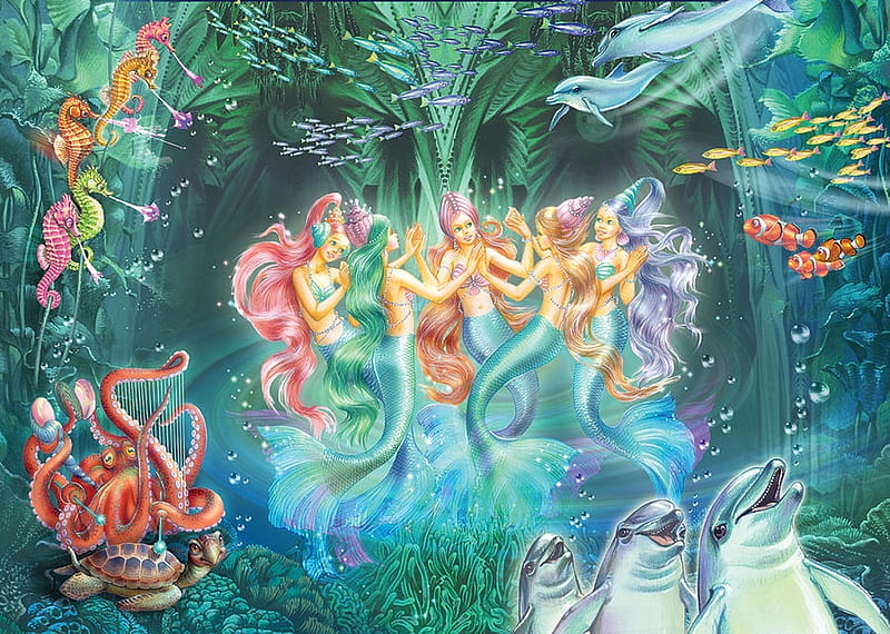Mermaids Dancing, octopus, dolphins, fish, painting, seahorses, turtle, artwork, HD wallpaper