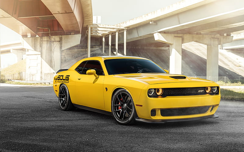 Dodge Challenger SRT, American sports car, sports coupe, tuning, yellow Challenger, Dodge, HD wallpaper
