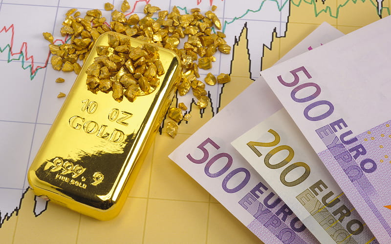 money and gold, finance concepts, gold bar, euro, business concepts, 500 euro banknote, gold, HD wallpaper
