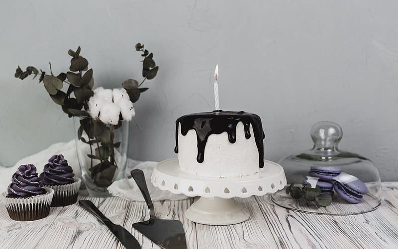 Happy Birtay, white cake, chocolate cream, 1 year concepts, purple cupcakes, burning candle, HD wallpaper
