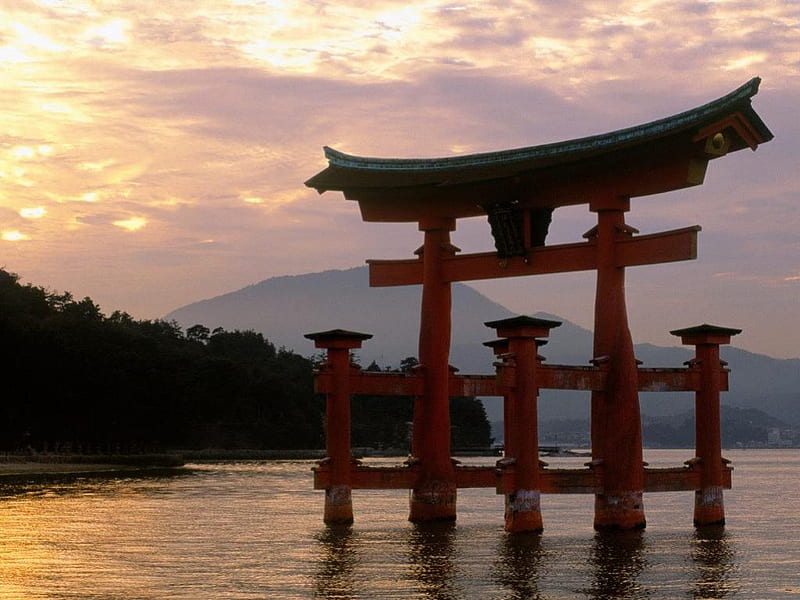 Itsukushima Shrine, gate, japan, shrine, sunset, scenery, old, sea, HD wallpaper