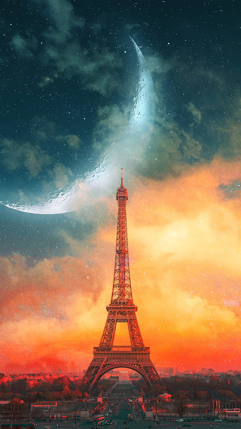 Paris, eiffel tower, planets, HD phone wallpaper